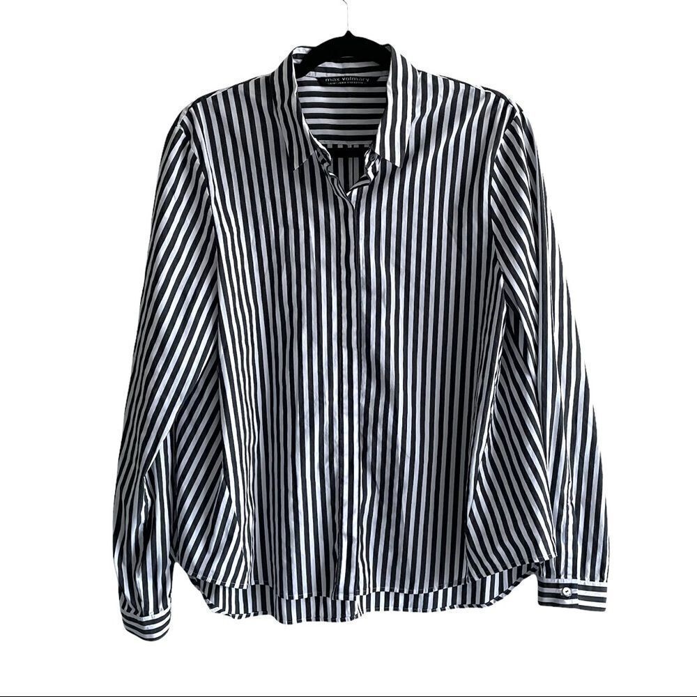 MAX Volmary Black & White Striped Long Sleeve Button Front Shirt Cotton 12